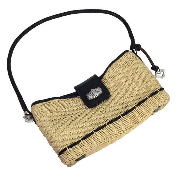 Brighton Cottagecore Cream Woven Straw Black Leather Braided Handle Baguette - Picture 16 of 16